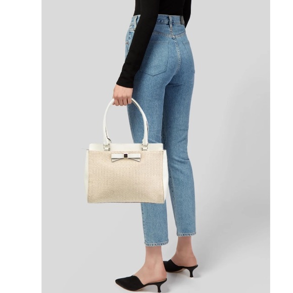 Kate Spade Raffia Trimmed Soft White Leather Bow Tote EUC Retail $375 - Picture 2 of 11